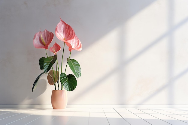 Laceleaf Anthurium Care Plant im Topf auf weißem Wandhintergrund mit Sonnenlicht aus dem Fenster