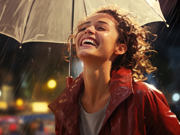 Lachen im Regen Erstellen Sie ein realistisches Porträt einer Frau unter ihrem Regenschirm gefangen in einem offenen