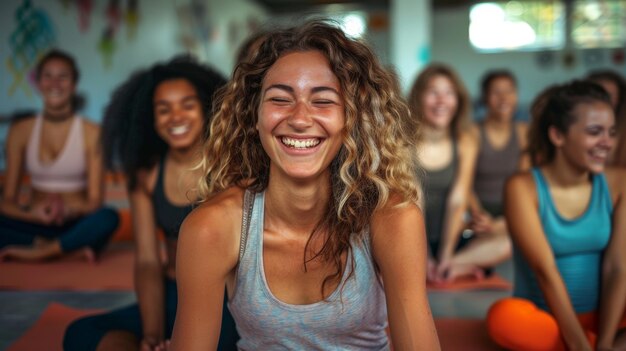 Lachen und Entspannung Freunde entspannen sich nach einer Yoga-Klasse Generative KI