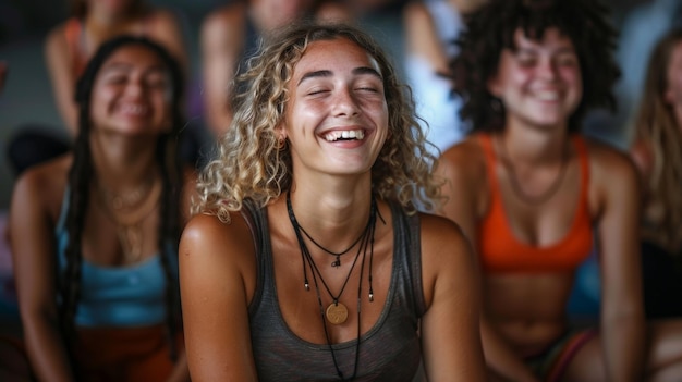 Lachen und Entspannung Freunde nach einer Yoga-Klasse Generative KI