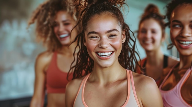 Lachen und Kameradschaft Frauen posieren in einem Fitnesscenter Generative KI