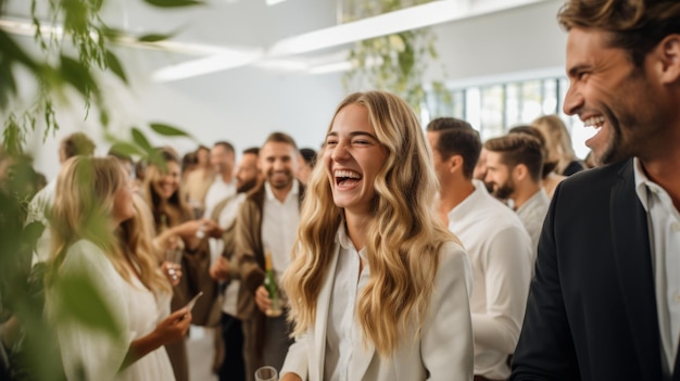 Lachende blonde Frau in weißem Blazer auf einer Party