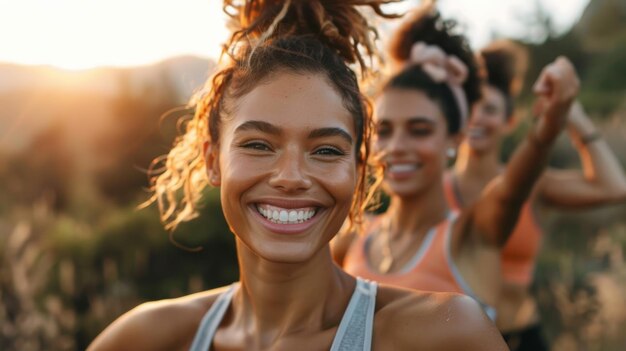 Lachende Frauen, die sich nach einem Morgenlauf strecken, generative KI