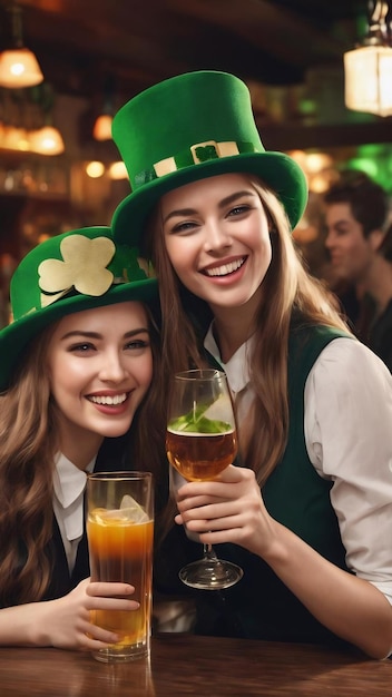 Lachende junge Frauen in St. Patrick-Hüten, die sich umarmen und Gläser an der Bar halten.