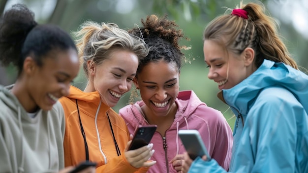 Lachende junge Freunde checken den Fitness-Tracker nach einem Training Generative KI