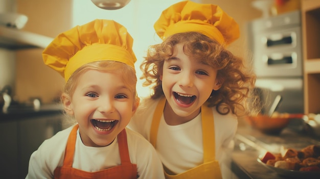 Foto lachende kleine mädchen kochen hausgemachte gebäck an einem mit mehl bedeckten tisch in der küche