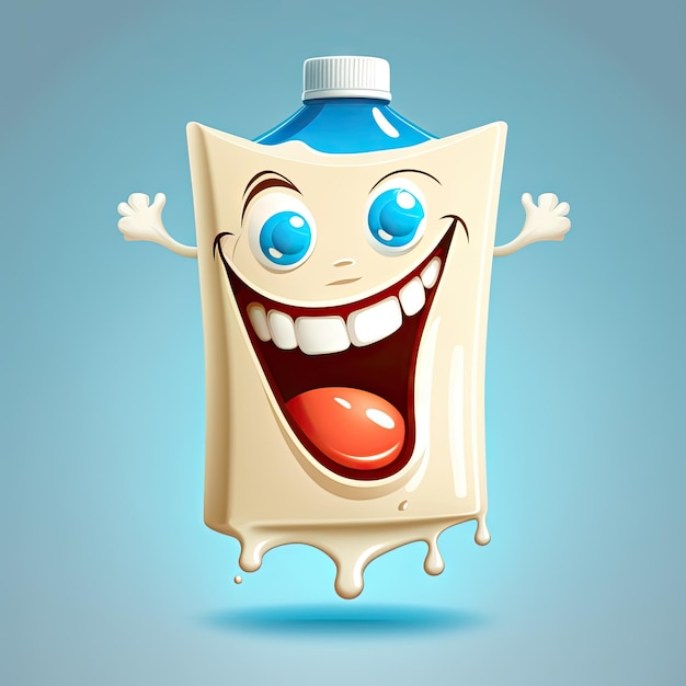 Lachende Milchkiste Zeichentrickfigur Ernährung Laktoseprodukt ai generierte Illustration Schöne lustige glückliche Milchflasche Milchfutterkiste Comic Frühstück Persönlichkeit mit fröhlichem Ausdruck