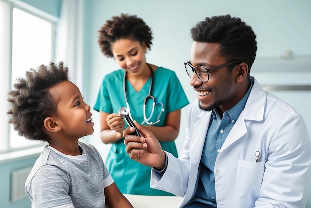 Lachender afroamerikanischer Junge Patient nimmt männliche Ärzte Stethoskop im Krankenhaus Krankenhaus medizinische und Gesundheitsdienste