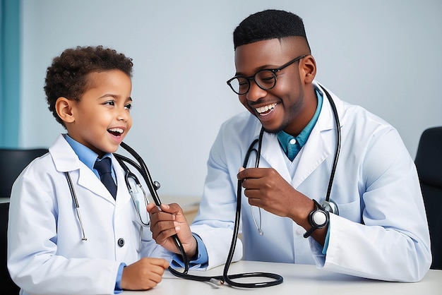 Lachender afroamerikanischer Junge Patient nimmt männliche Ärzte Stethoskop im Krankenhaus Krankenhaus medizinische und Gesundheitsdienste