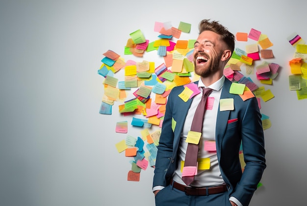 Lachender Büroangestellter mit farbenfrohen klebrigen Notizen Design Thinking Ideas