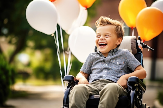 Lachender Junge mit gelähmten Gliedmaßen in einem mit Luftballons geschmückten Rollstuhl feiert seinen Geburtstag