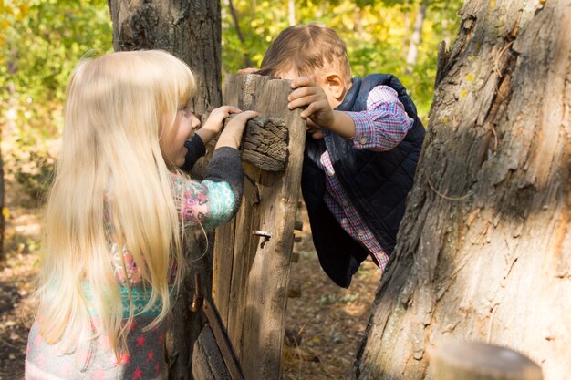 Lachender kleiner Junge und Mädchen, die mit einem alten rustikalen Holztor spielen, das an einem Baumstamm befestigt ist, der von gegenüberliegenden Seiten gegeneinander drückt
