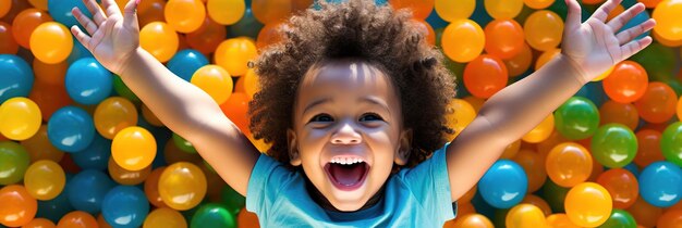 Lachendes Banner Kind Junge amüsiert sich in der Ballgrube auf einer Geburtstagsfeier im Kinderpark und im Indoor-Spielzentrum, lacht und spielt mit farbenfrohen Bällen im Spielplatz-Ballpool