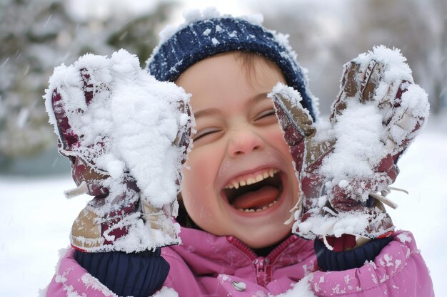 Foto lachendes kind mit schneebedeckten handschuhen