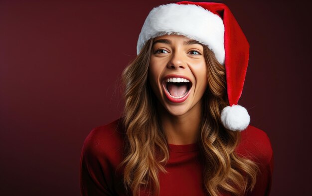 Lachendes und aufgeregtes Schönheitsmädchen trägt den roten Hut des Weihnachtsmanns und feiert Weihnachten