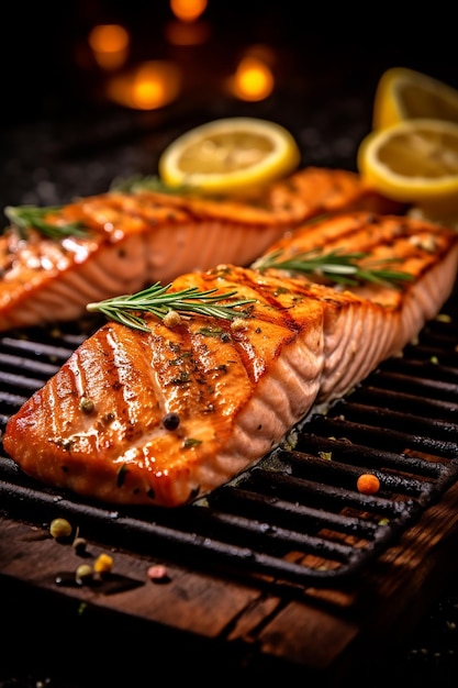 Lachs auf dem Grill mit Zitronen als Beilage