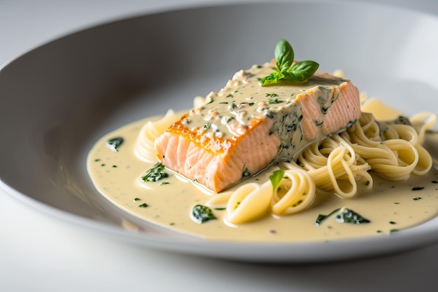 Lachs mit cremiger Sauce auf Nudeln