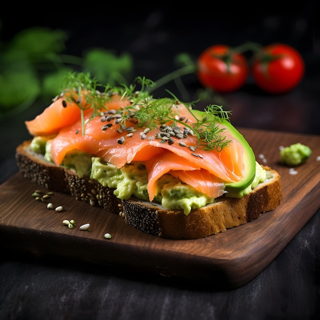 Lachs-Sandwich mit Avocado auf dunklem Hintergrund