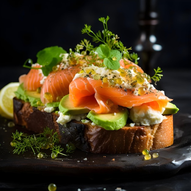 Lachs-Sandwich mit Avocado auf dunklem Hintergrund