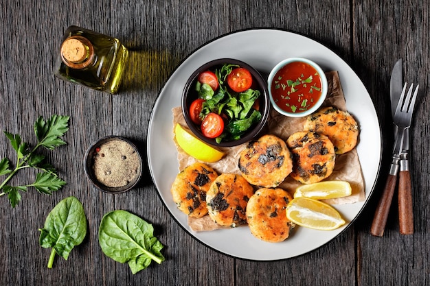 Lachs- und Spinat-Fischfrikadellen mit frischem Gemüsesalat, Zitronenspalten und süßer Chilisauce auf einem Teller auf einem Holztisch, flach