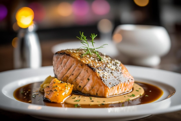 Lachssteak auf einem weißen Teller Nahaufnahme selektiver Fokus Generiert von AI