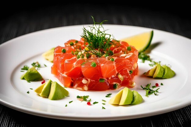 Lachstatar mit Avocado-Mikrogrün auf einem weißen Teller auf einem dunklen Hintergrund-Snack-MenüAI generiert