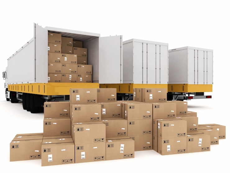 Foto laden eines stapels gepackter kisten auf einen lkw