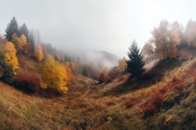 Una ladera cubierta de hierba con árboles y niebla en el fondo IA generativa