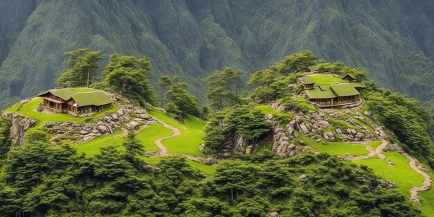 Una ladera verde con una casa en medio