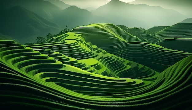 Una ladera verde con una montaña en el fondo