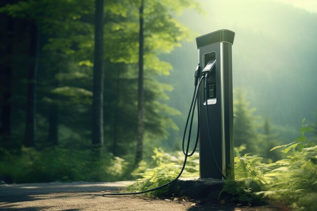 Ladestation für Elektroautos im Wald an einem nebligen Tag Ladestation für Elektroautos mit Stromversorgung