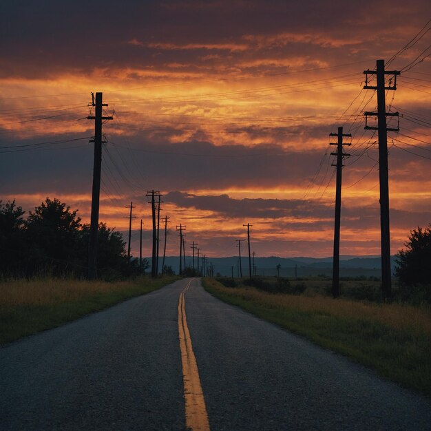 Lado de carretera en capas con poste telefónico colores análogos puesta de sol silueta realista de fondo