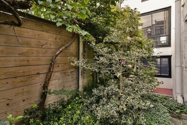 El lado de una casa con una cerca de madera y