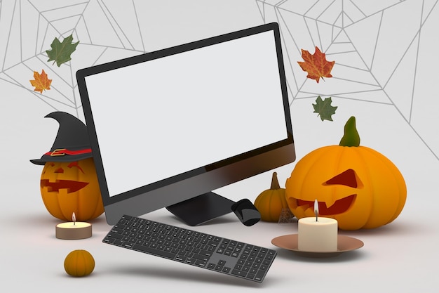 Lado da perspectiva do pc de halloween em fundo cinza