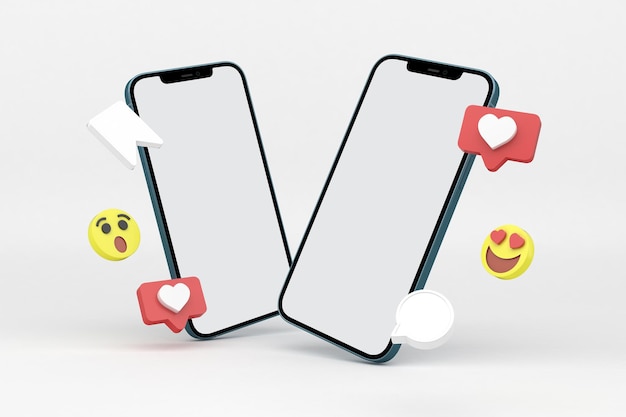 Lado de perspectiva de telefones de mídia social em fundo branco