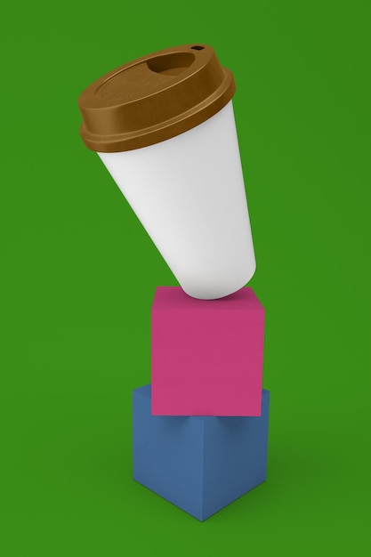 Lado derecho de la taza de café equilibrada en fondo verde