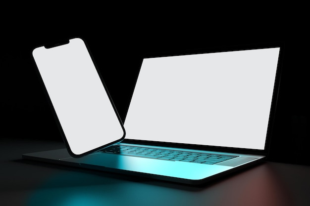 Lado direito de laptop e telefone em fundo preto