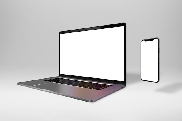 Lado direito de laptop e telefone isolado em fundo branco