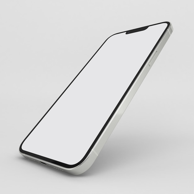 Lado direito do smartphone prata flutuando em fundo branco