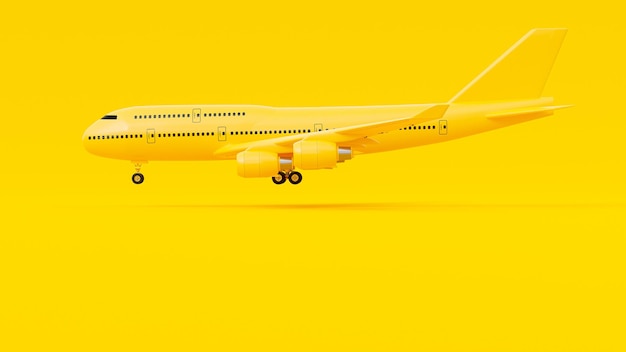 Lado do avião amarelo desdobrando sua roda no conceito mínimo de ideia de fundo amarelo 3D Render