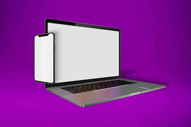 Lado esquerdo de laptop e telefone isolado em fundo roxo