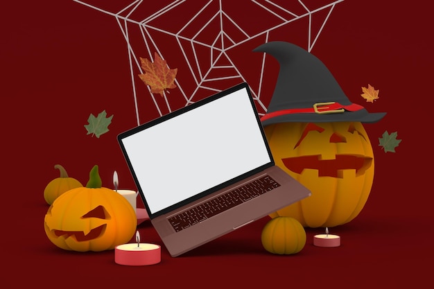 Lado esquerdo do laptop no fundo com tema de Halloween