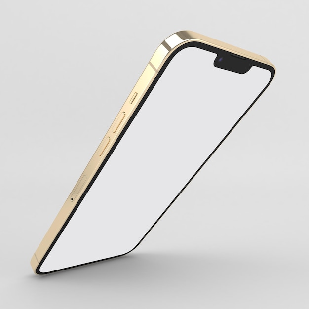 Lado esquerdo frontal do smartphone dourado em fundo branco
