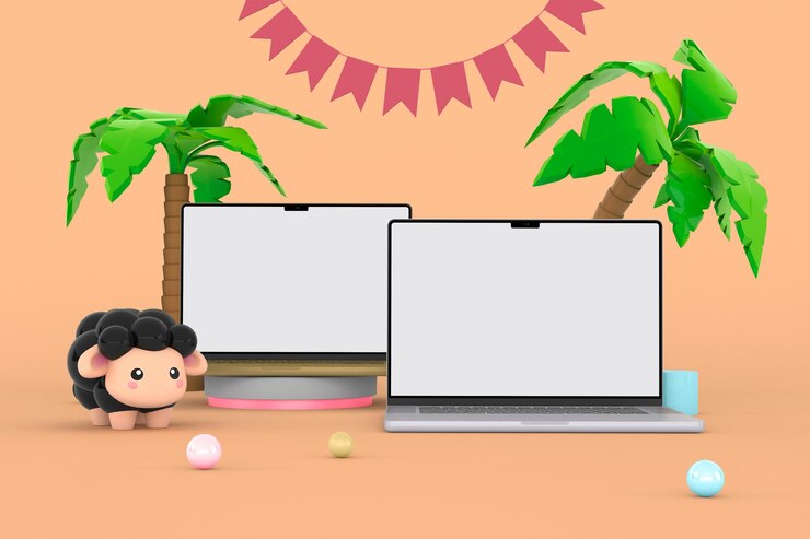 Foto lado frontal de las computadoras portátiles con fondo temático de adha