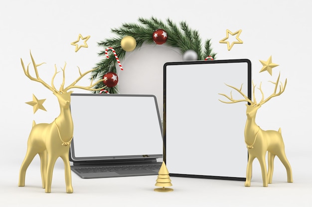 Lado frontal de las tabletas en el fondo temático de Navidad