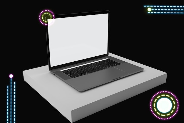Lado izquierdo de la computadora portátil en el fondo temático de neón