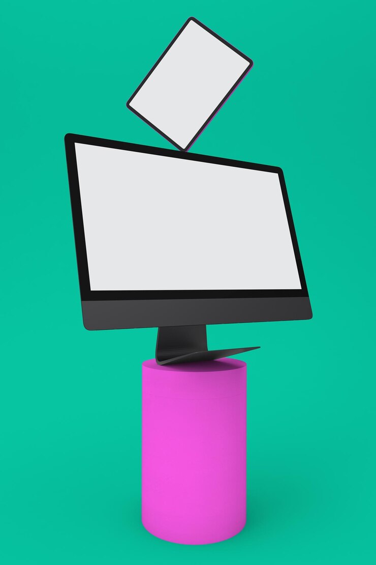 Foto lado izquierdo equilibrado de pc y tableta en fondo verde