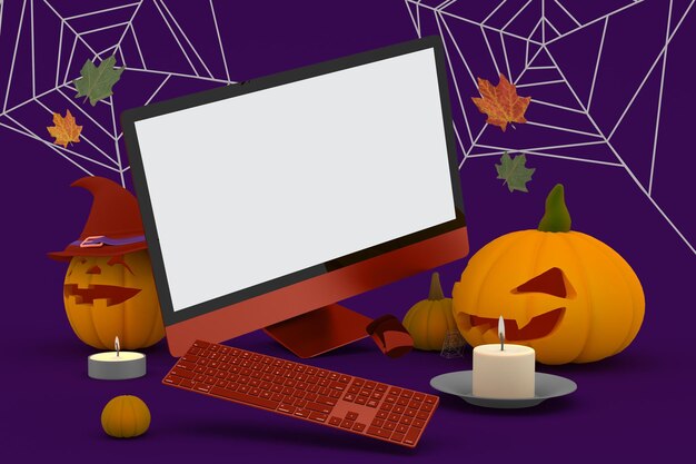 Lado izquierdo de PC en fondo temático de Halloween