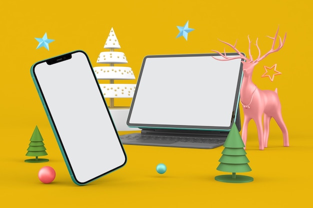 Lado izquierdo del teléfono y la tableta en el fondo temático de Navidad