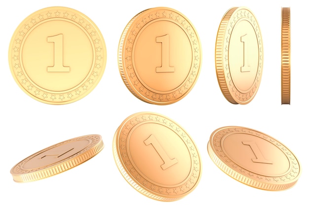 Un lado de monedas de oro y vistas delanteras en 3D